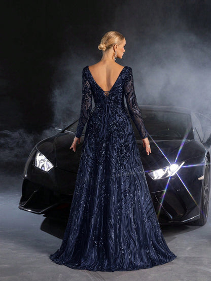 Elegant Plunging Neck Lace-up Back Graphic Sequin Formal Prom Dress