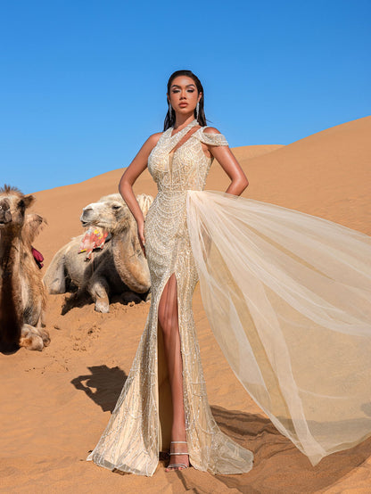 Gorgeous Asymmetrical Neck Draped Side Split Mermaid Hem Beaded Formal Dress Evening Gown – view 3