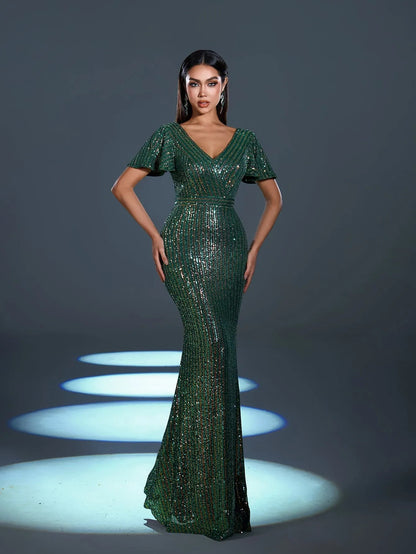 Elegant Sequin Butterfly Sleeves Mermaid Hem Evening Dress – view 5