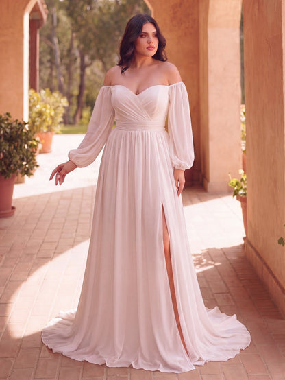 Plus-Size Off-Shoulder Chiffon Lantern-Sleeve A-Line Wedding Gown — authorized product image 1