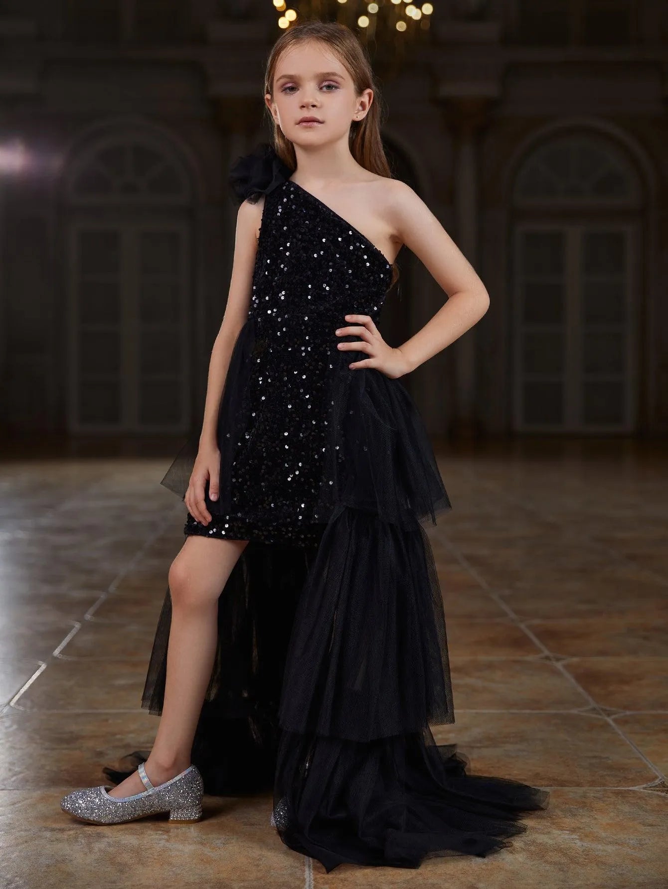 Additional product view of Layered Hem One-Shoulder Sequin A-Line Sleeveless Tween Girls' Party Dress