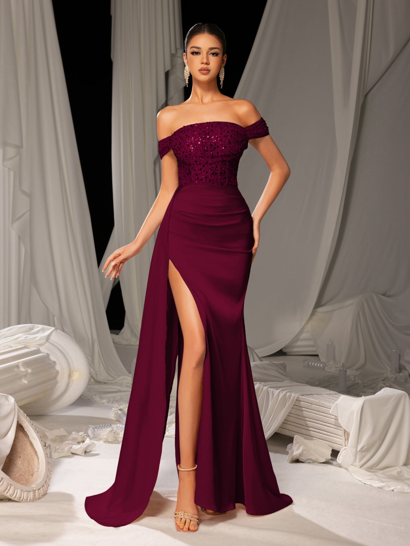 Elegant Off-Shoulder Gown with High Slit & Beaded Bodice – Luxury Satin Evening Wear for Red Carpet, Formal Galas & Luxury Weddings, XS-XL