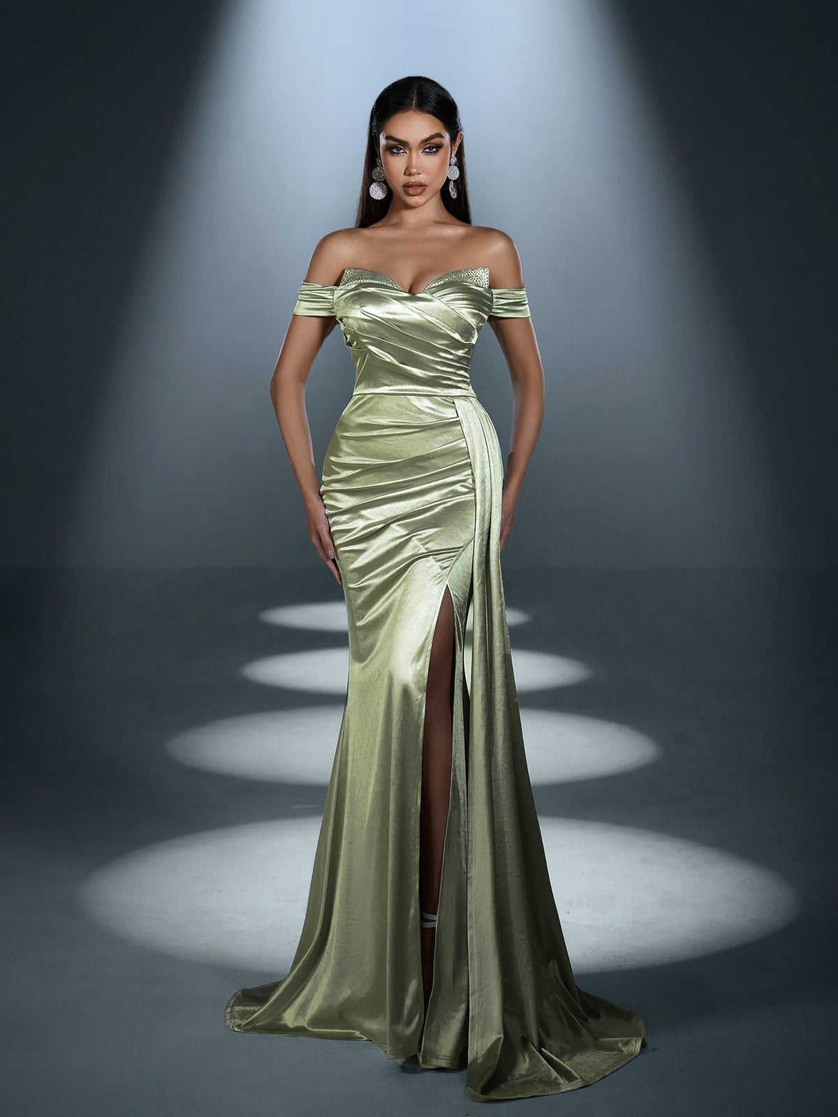 Elegant Satin Off-Shoulder Mermaid Gown | Sculpted Ruching & High Thigh Slit – view 10