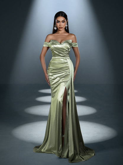 Elegant Satin Off-Shoulder Mermaid Gown | Sculpted Ruching & High Thigh Slit – view 10
