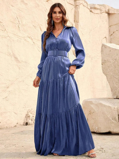 Alternate view of Belted Chiffon A-Line Long-Sleeve Maxi Evening Gown in Blue
