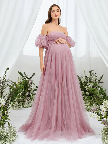Additional product view of Mesh Overlay Puff-Sleeve Off-Shoulder A-Line Maxi Maternity Evening Dress