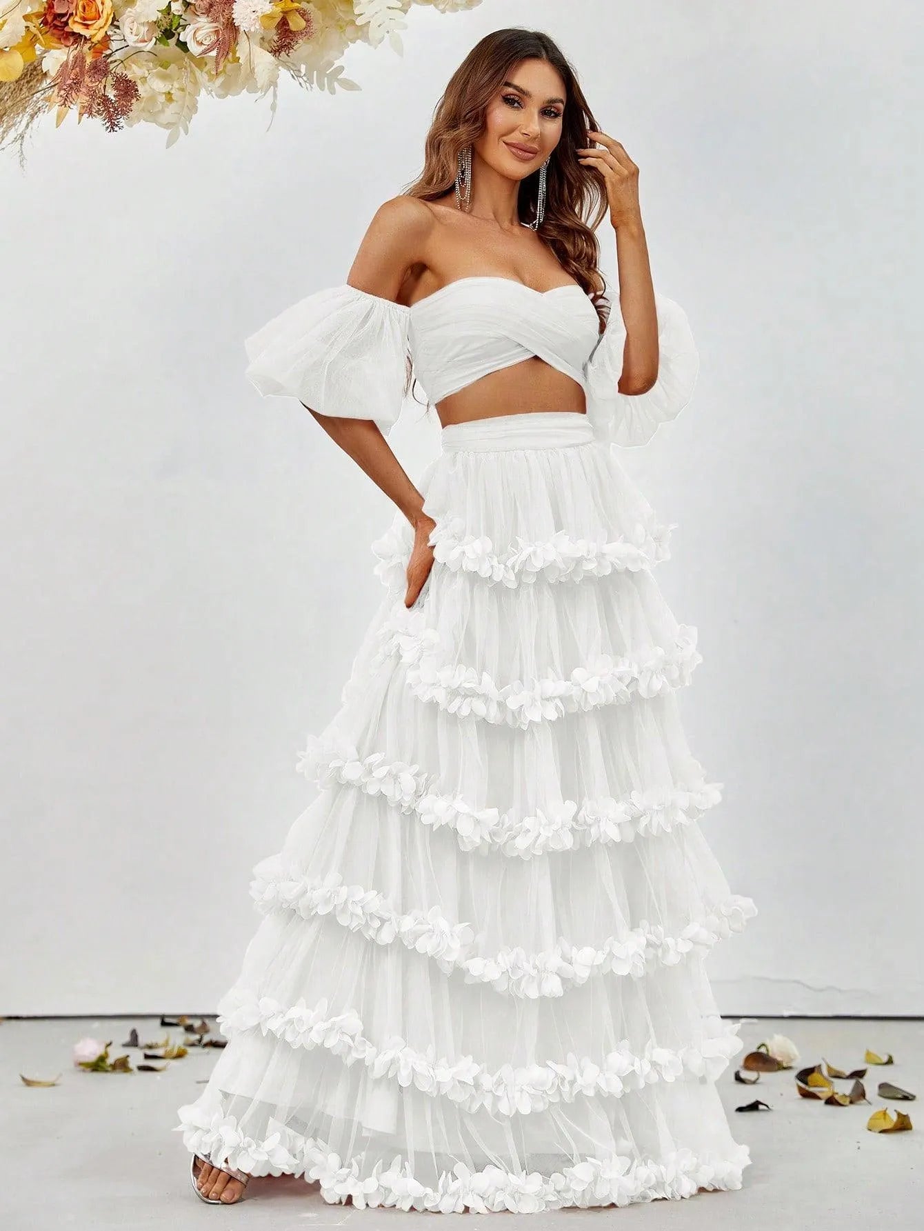 Off-Shoulder Puff Sleeve Crop Top & Frill Trim Mesh Skirt – view 10