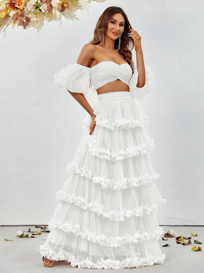 Off-Shoulder Puff Sleeve Crop Top & Frill Trim Mesh Skirt – view 10