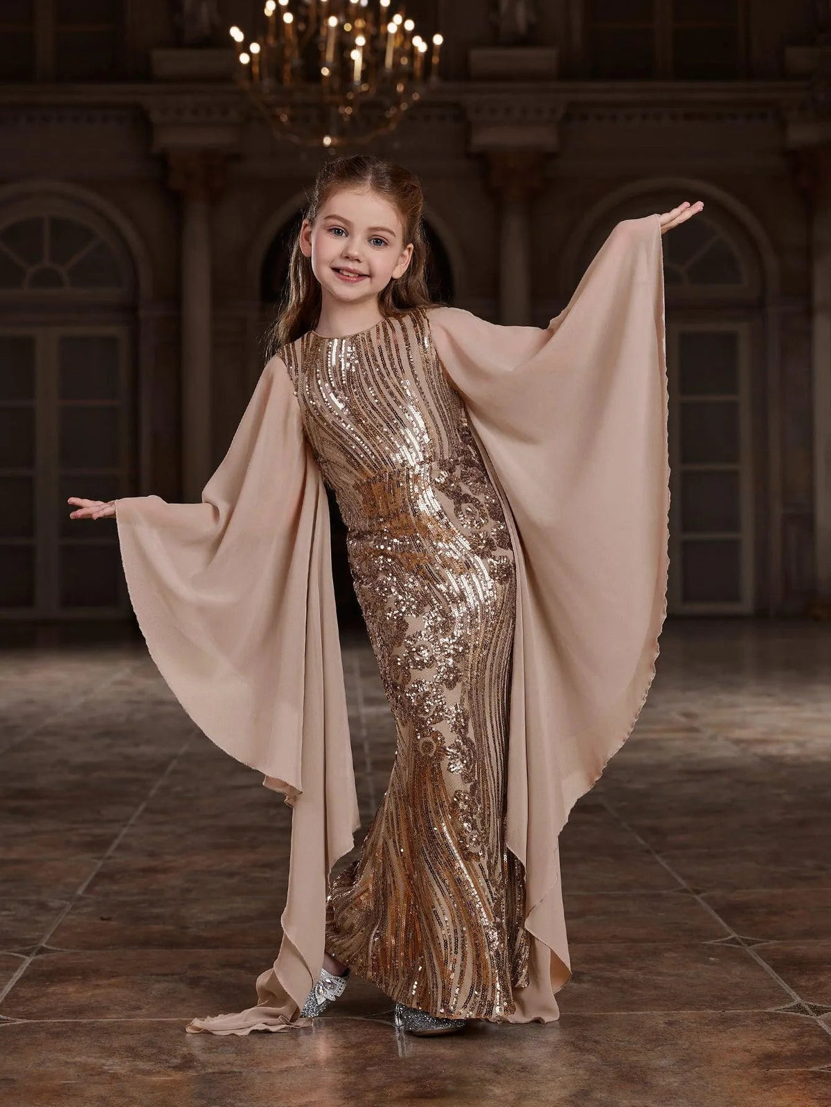 Tween Girls' Round Neck Sequin Long-Sleeve Mermaid Formal Gown — authorized product image 6