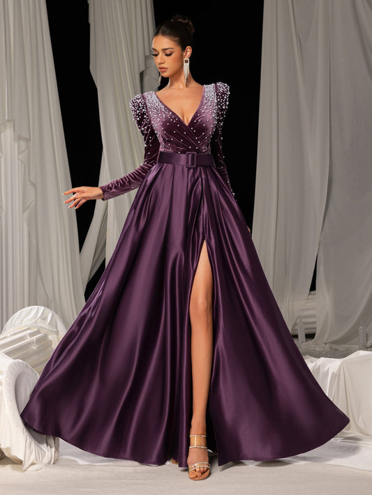 Elegant Evening Gown with Deep V-Neck & Side Slit – Luxurious Satin Gown for Red Carpet, Gala Dinners & High-End Events