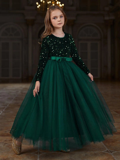 Sequin A-Line Long-Sleeve Mesh Maxi Tween Girls' Party Dress in Dark Green