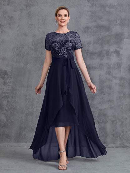 Alternate view of Embroidered Sequin Bodice Asymmetrical Lace Boat-Neck Short-Sleeve Mother-of-the-Bride Dress in Navy Blue