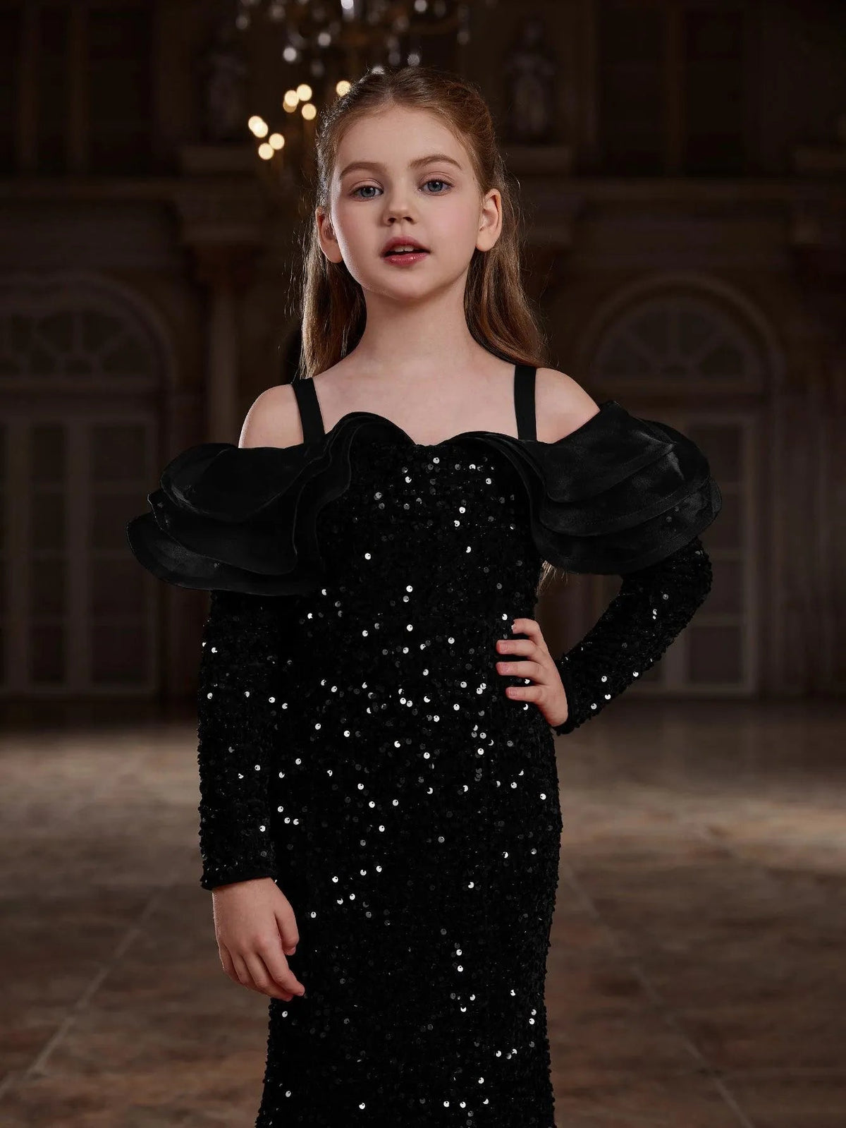 Additional product view of Ruffle Trim Off-Shoulder Sequin Mermaid Long-Sleeve Tween Girls' Party Dress