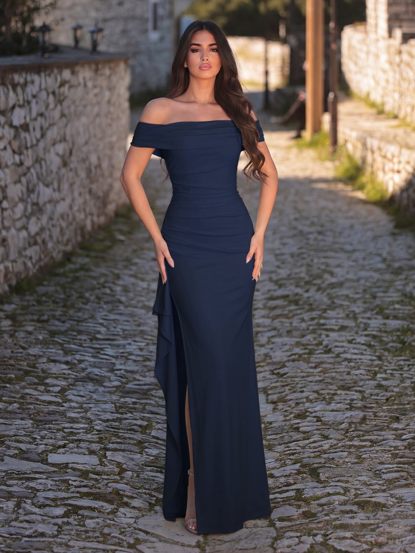 Additional product view of High-Slit Off-Shoulder Knit Bodycon Short-Sleeve Evening Gown