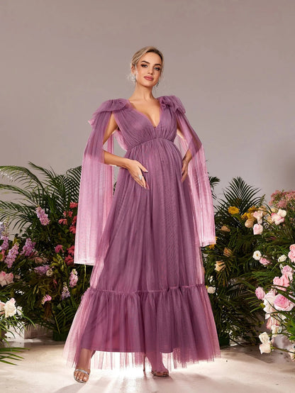 Plunging-Neck V-Neck Mesh A-Line Sleeveless Maternity Evening Dress in Mauve Purple
