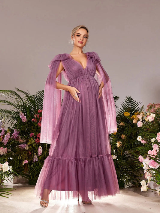 Plunging-Neck V-Neck Mesh A-Line Sleeveless Maternity Evening Dress in Mauve Purple