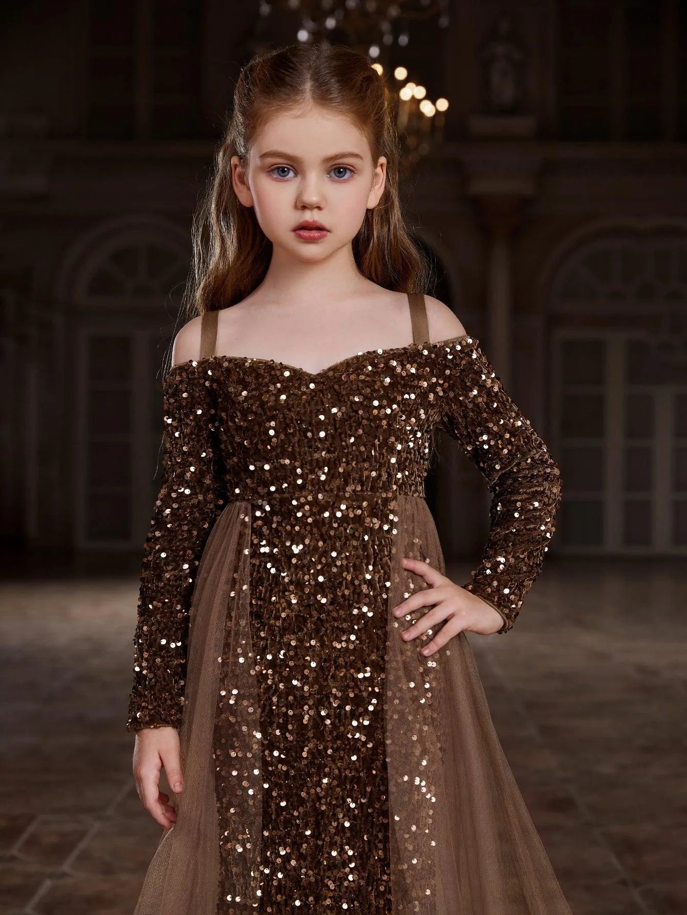 Additional product view of Mesh Overlay Off-Shoulder Sequin Mermaid Long-Sleeve Tween Girls' Party Dress