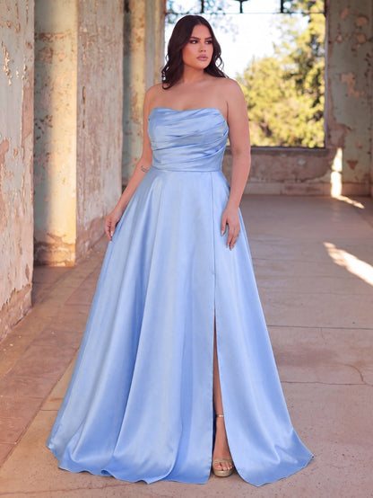 Full-length front view of a light blue strapless satin A-line gown with high slit