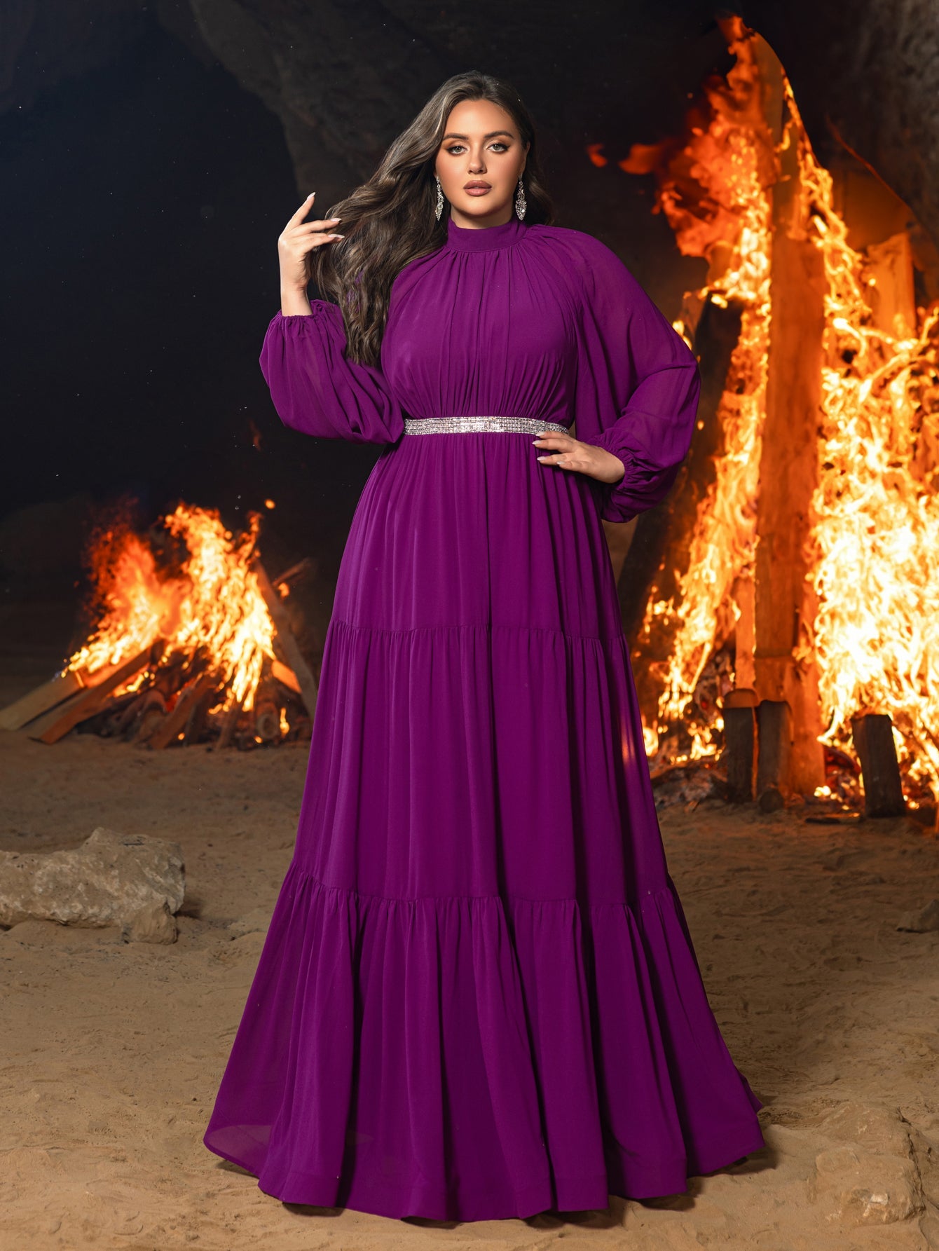 Plus Chiffon Mock Neck Evening Gown with Tiered Ruffles – Structured Maxi Dress for Gala Dinners, Awards Nights & Dramatic Events