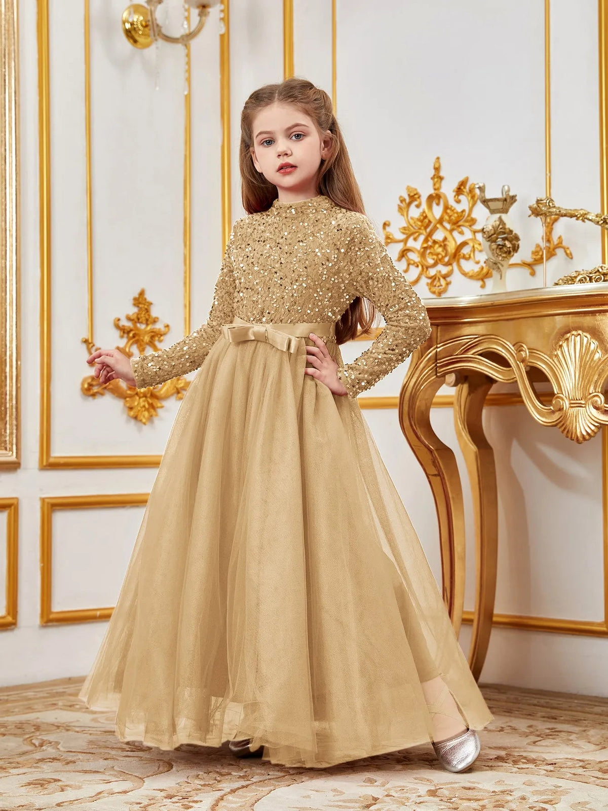 Alternate view of Bow Detail Mock-Neck Sequin A-Line Long-Sleeve Tween Girls' Party Dress in Champagne