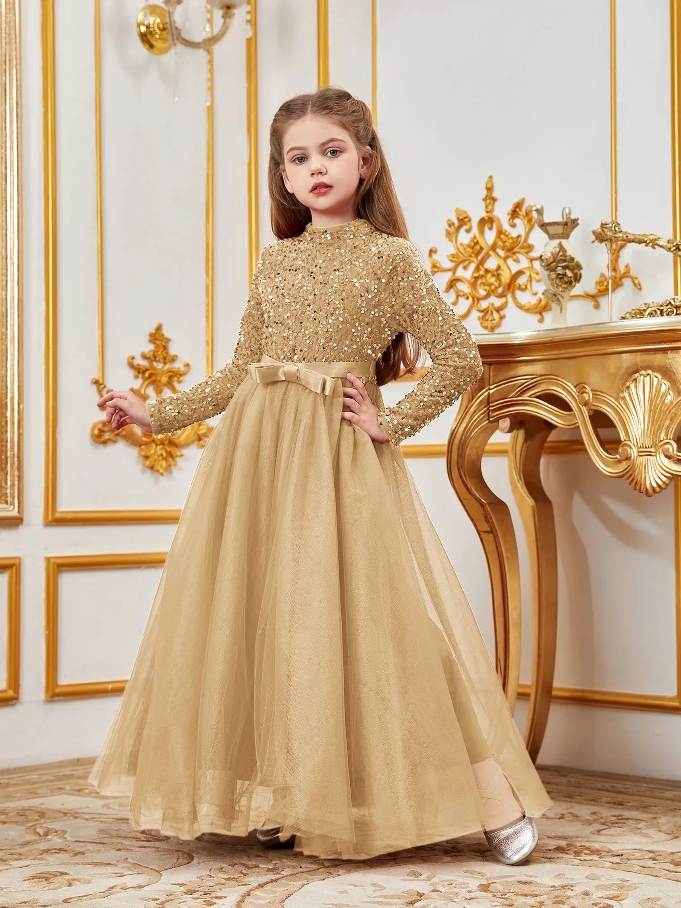 Alternate view of Bow Detail Mock-Neck Sequin A-Line Long-Sleeve Tween Girls' Party Dress in Champagne