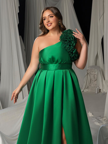 Plus Women's One-Shoulder Formal Dress | Statement Ruffle Trim Accent | Corset Back & High Split – view 5