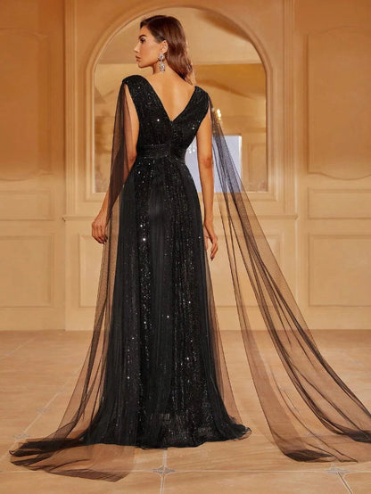 Contrast Mesh Sequin A Line Dresses