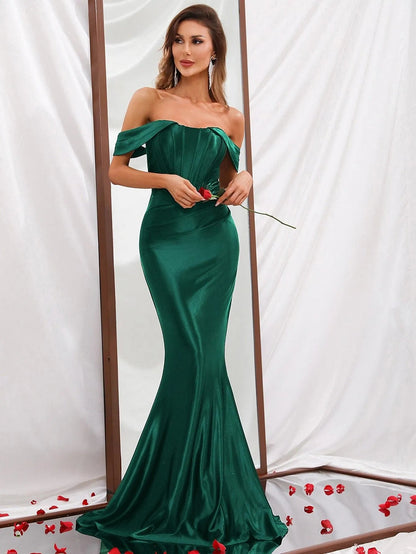 Additional product view of Mermaid Hem Off-Shoulder Satin Sleeveless Maxi Evening Gown