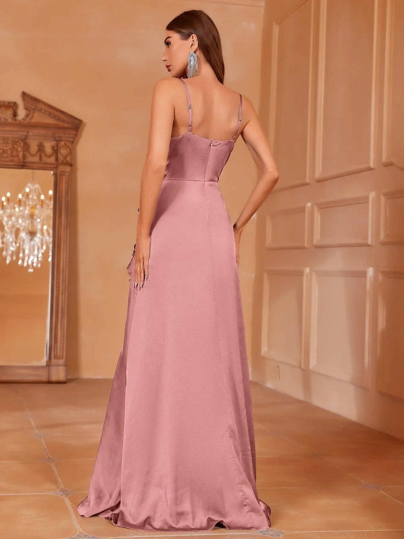 Additional product view of Ruffle Trim Cami Strap Satin High-Slit A-Line Evening Gown