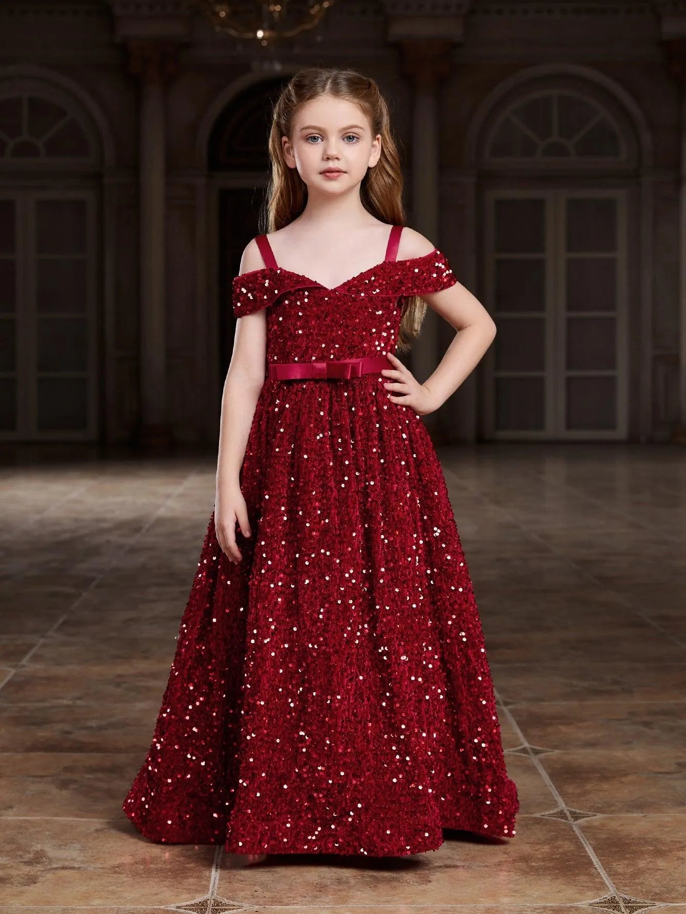 Additional product view of High-Low Hem Off-Shoulder Sequin A-Line Short-Sleeve Tween Girls' Party Dress