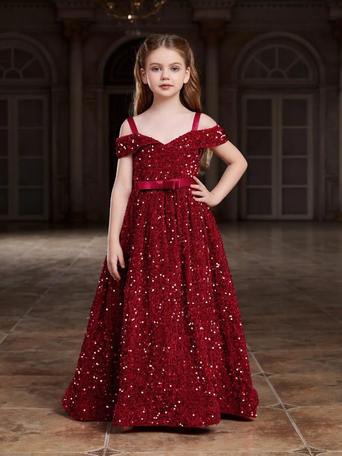 Additional product view of High-Low Hem Off-Shoulder Sequin A-Line Short-Sleeve Tween Girls' Party Dress