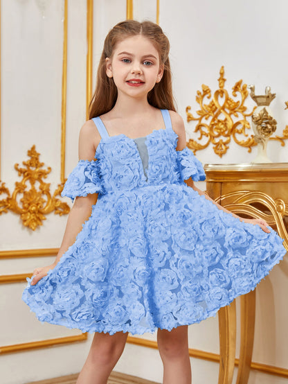 Floral Appliqué Cami Strap Off-Shoulder A-Line Short-Sleeve Tween Girls' Party Dress in Blue