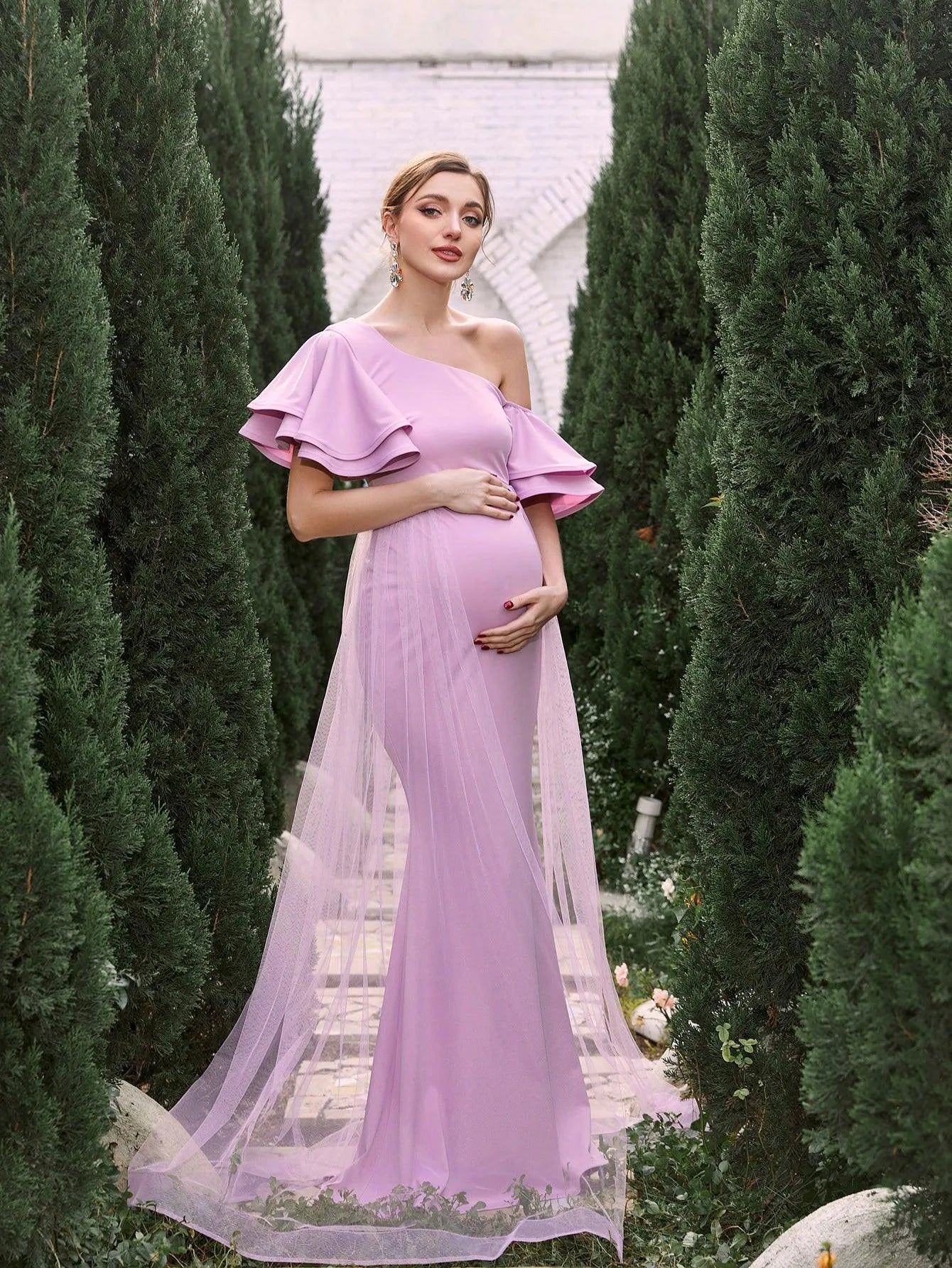 Maternity Asymmetrical Collar Ruffle Sleeves Mermaid Dress – view 5