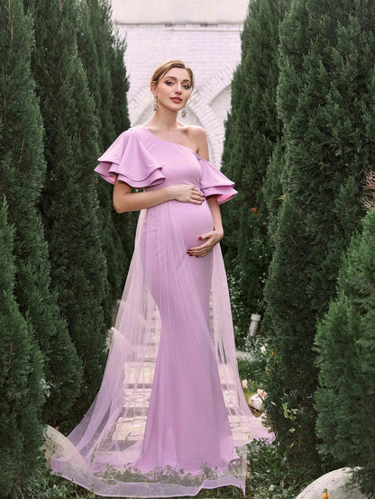 Maternity Asymmetrical Collar Ruffle Sleeves Mermaid Dress – view 5