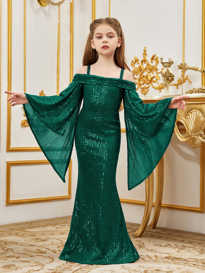 Alternate view of Cold-Shoulder Flare-Sleeve Off-Shoulder Sequin Mermaid Tween Girls' Party Dress in Dark Green