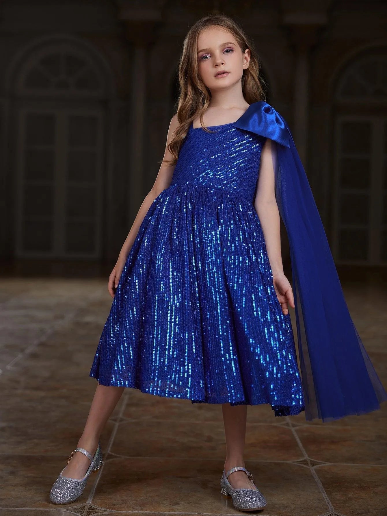 Additional product view of Draped Side Bow Detail One-Shoulder Sequin A-Line Tween Girls' Party Dress