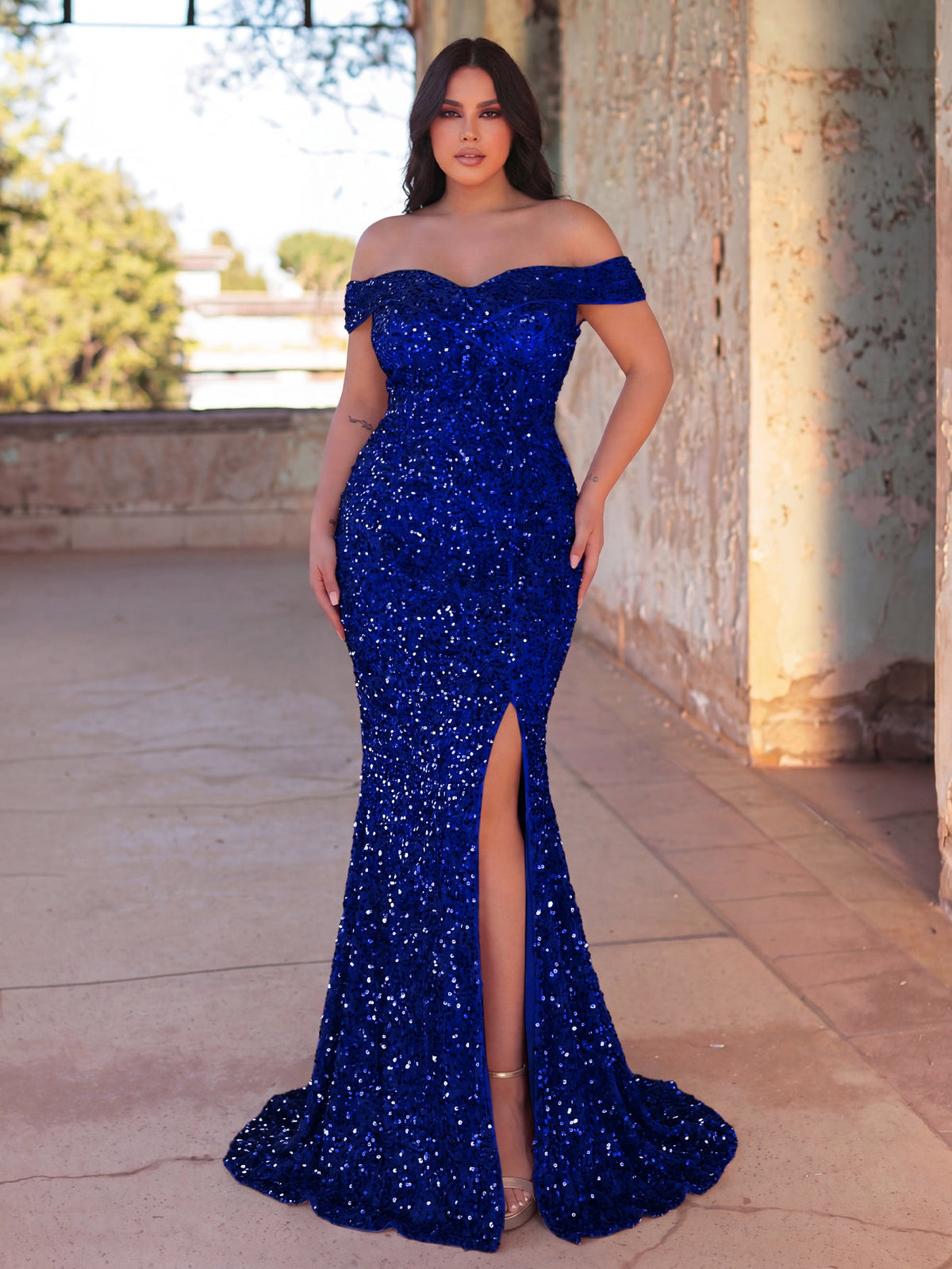 Alternate view of Plus-Size Off-Shoulder Sequin Mermaid Short-Sleeve Evening Gown in Royal Blue