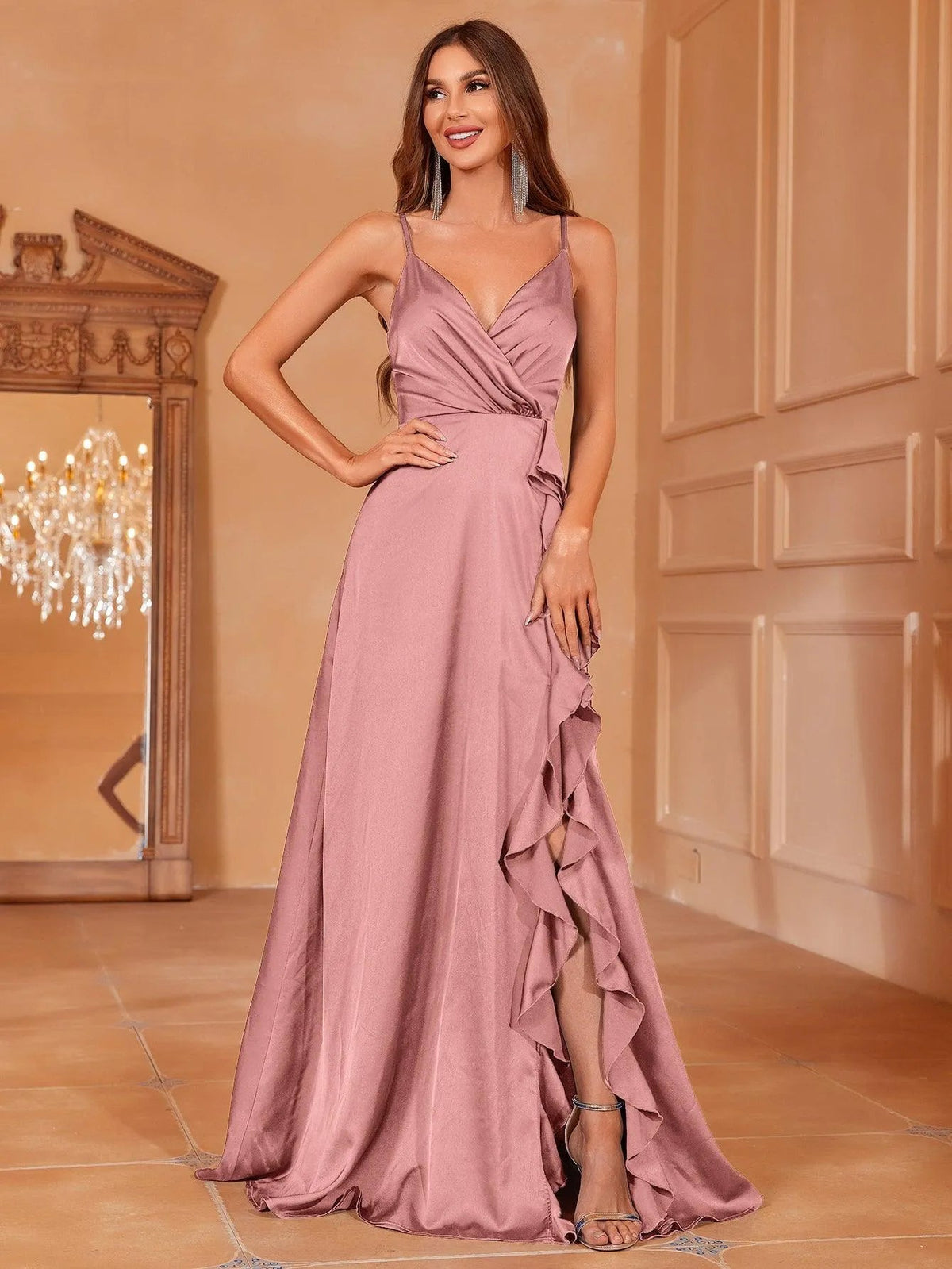 Additional product view of Ruffle Trim Cami Strap Satin High-Slit A-Line Evening Gown