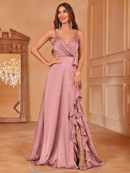 Additional product view of Ruffle Trim Cami Strap Satin High-Slit A-Line Evening Gown