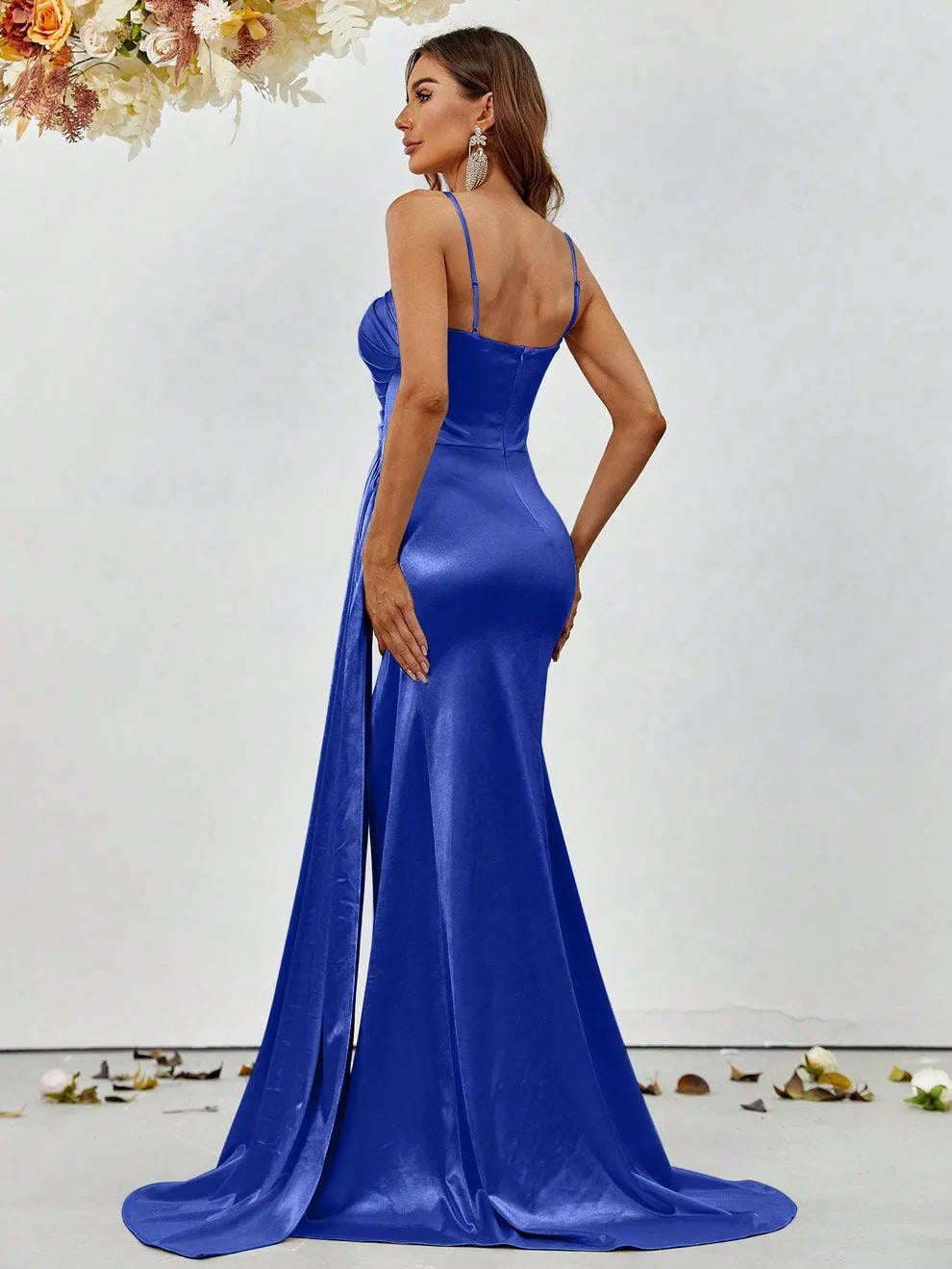 Additional product view of Asymmetrical Mermaid Hem Satin High-Slit Sleeveless Evening Gown
