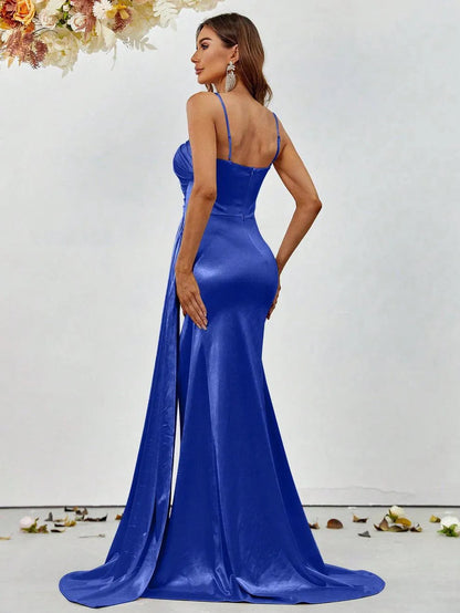 Additional product view of Asymmetrical Mermaid Hem Satin High-Slit Sleeveless Evening Gown