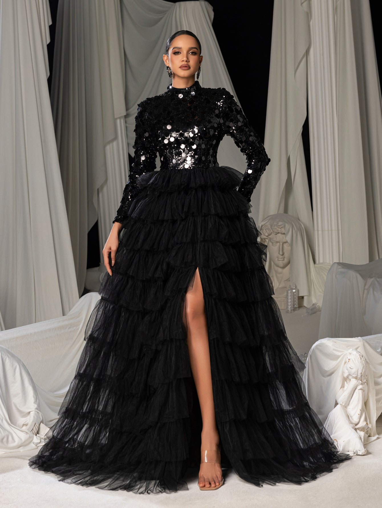 Layered Hem Sequin Bodice Tulle Mock-Neck Long-Sleeve Wedding Dress in Black