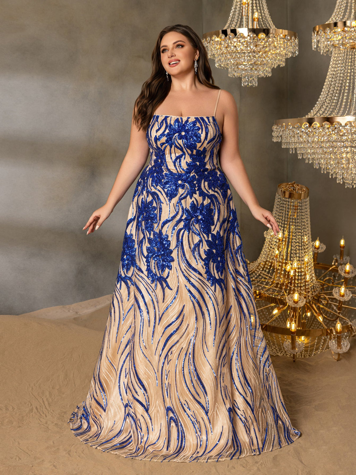 Plus-Size Spaghetti Strap Sequin Sleeveless A-Line Evening Gown — authorized product image 1