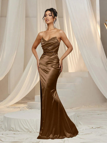 Additional product view of Ruched Wrap Mermaid Hem Strapless Satin High-Slit Evening Gown
