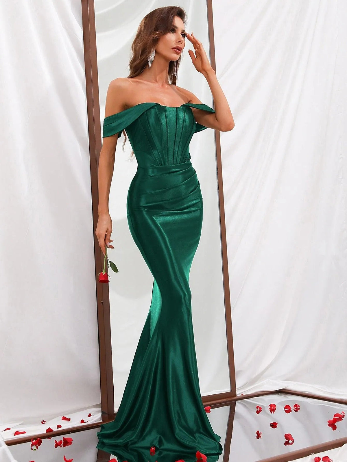 Additional product view of Mermaid Hem Off-Shoulder Satin Sleeveless Maxi Evening Gown