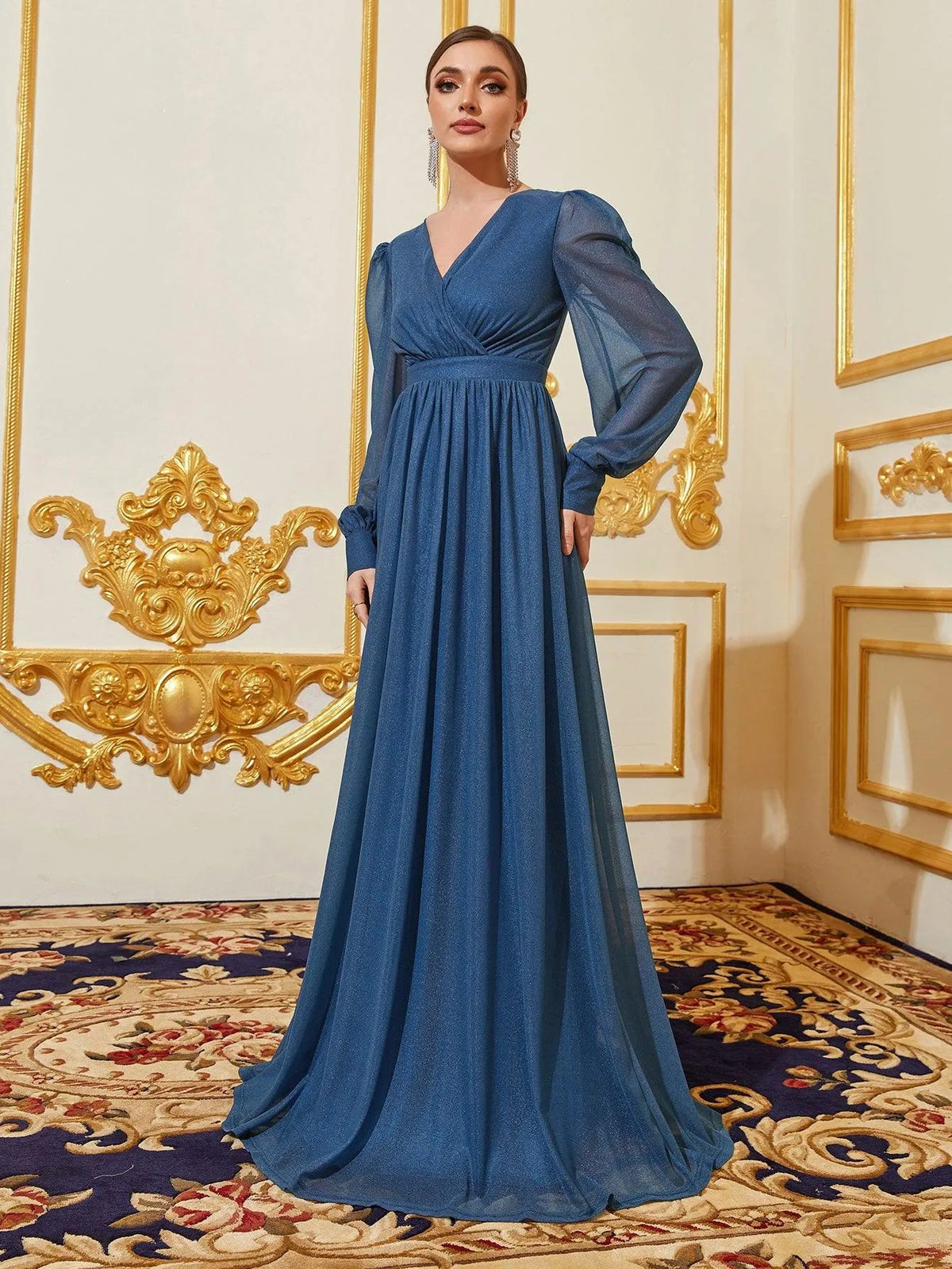 Additional product view of V-Neck Chiffon A-Line Long-Sleeve Maxi Evening Gown