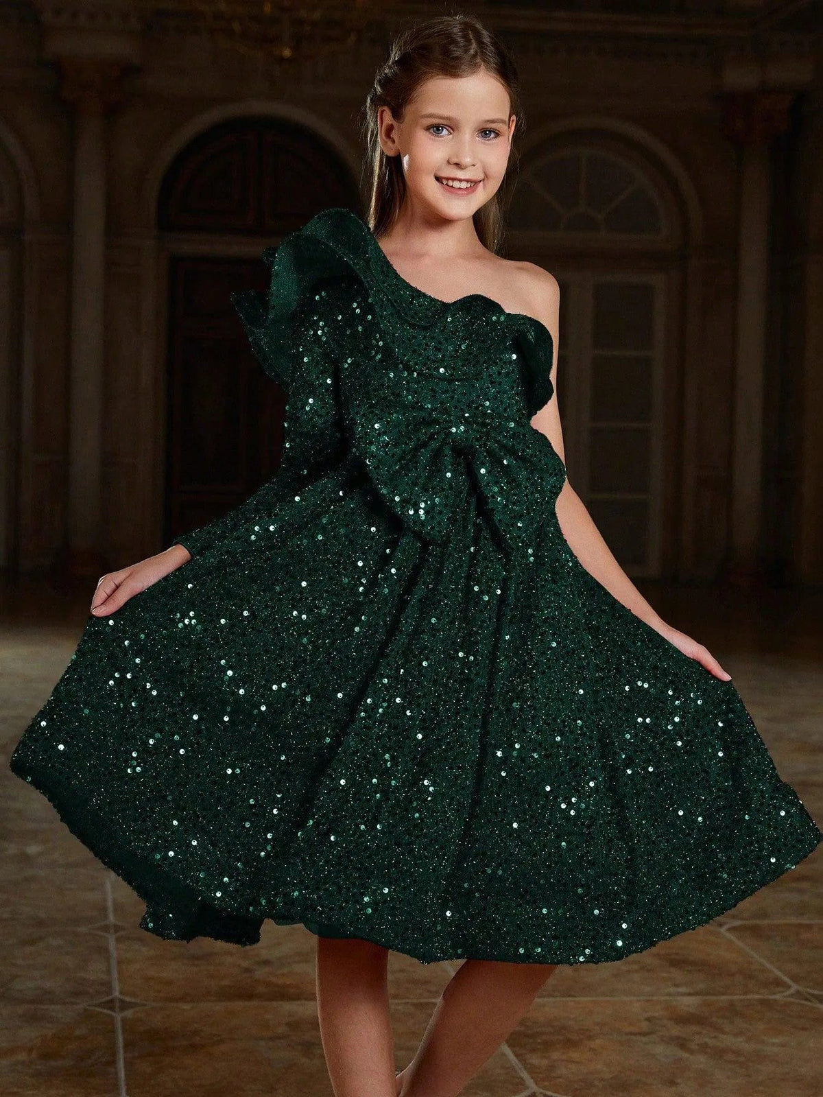 Additional product view of Ruffle Trim One-Shoulder Sequin A-Line Midi Tween Girls' Party Dress