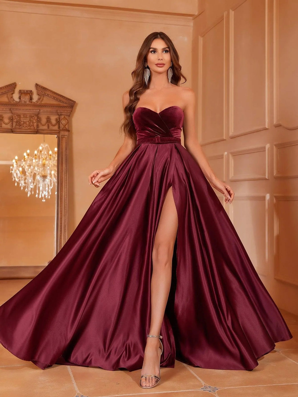 Alternate view of Velvet Bodice Strapless Satin High-Slit A-Line Evening Gown in Burgundy