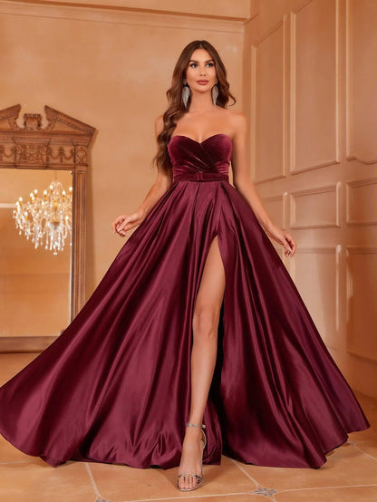 Alternate view of Velvet Bodice Strapless Satin High-Slit A-Line Evening Gown in Burgundy