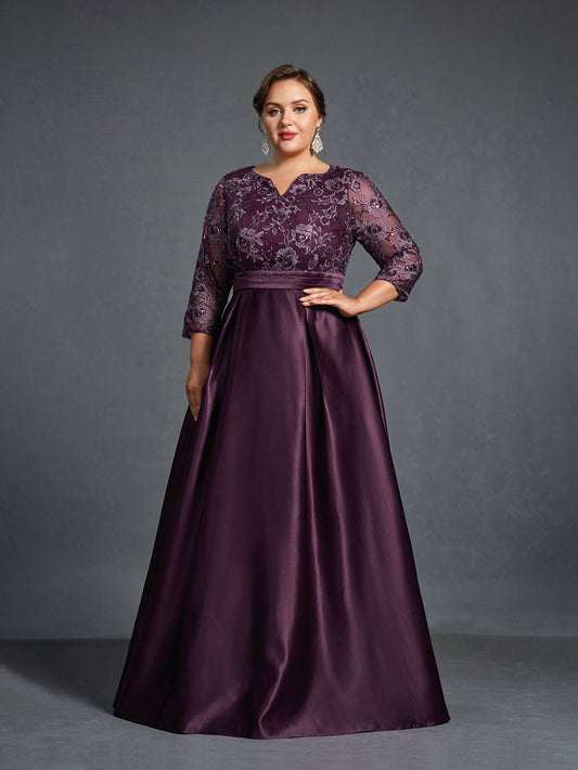 Plus-Size Satin V-Neck A-Line Sequin Mother-of-the-Bride Dress in Purple